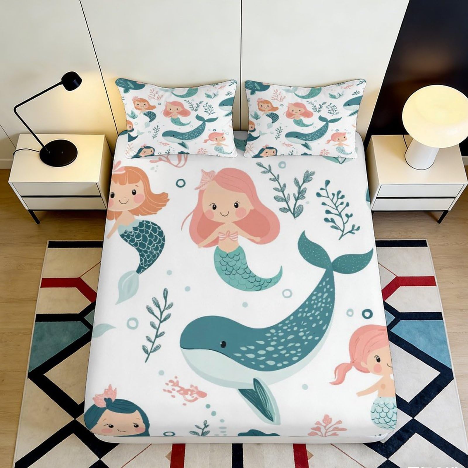 3D Printed mermaid Fitted Sheet, whale Mattress Cover, Microfiber soft touch, wrinkle resistant, home decor piece, apartment bedding, guest room 200x200x25cm