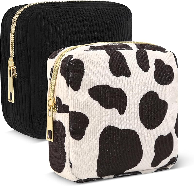 NANDADEVI Necessaire de Maquiagem em Veludo Cotelê com Zíper e Camada Interna Resistente à Umidade, Preto + Cow, Pacote com 2