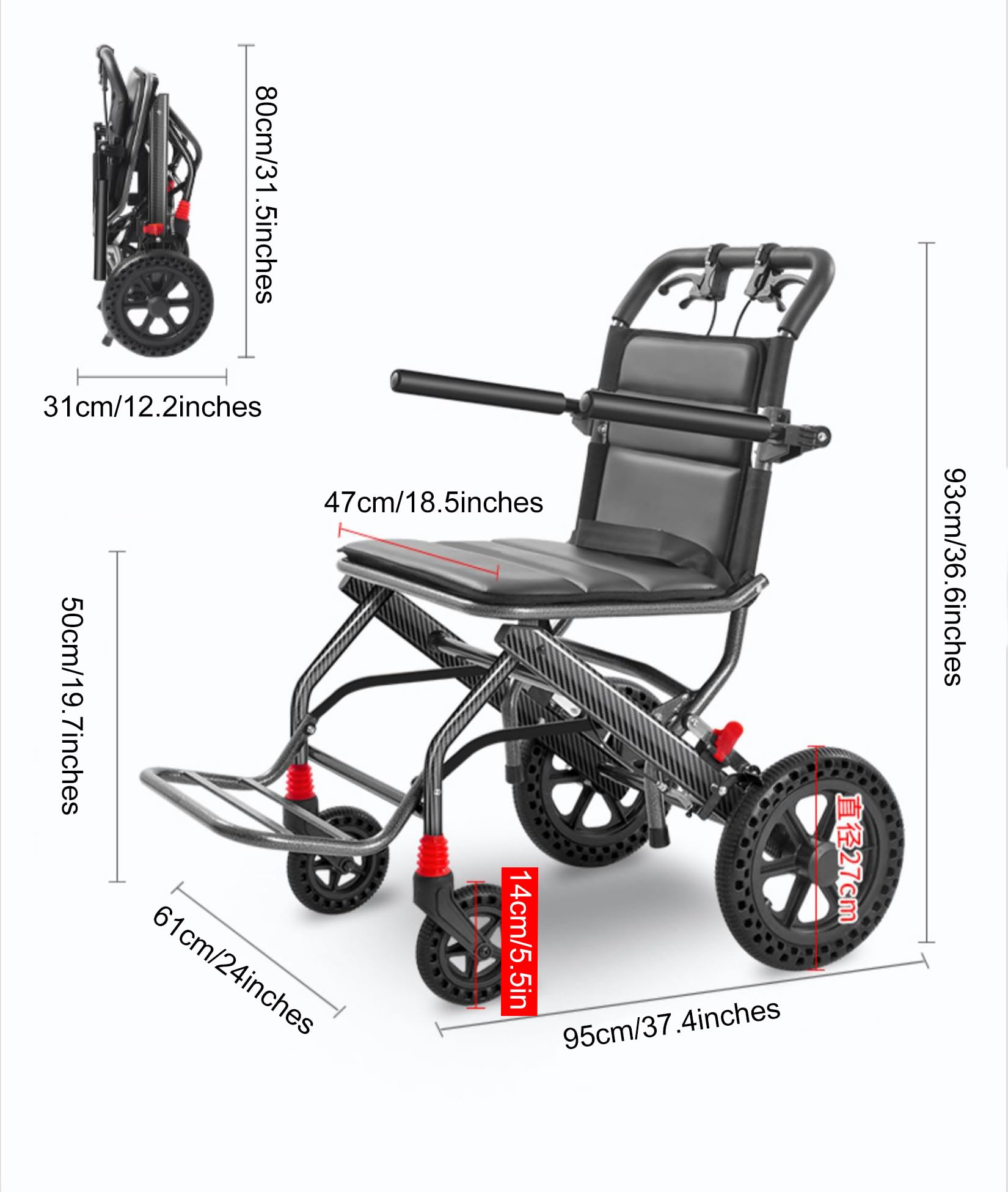BOTOWI Silla de Ruedas Ligera de Transporte con Frenos de Mano Bloqueables, Ruedas Traseras de 12", con Asiento Ancho, Diseño Trolley, Silla de Ruedas de Aluminio para Adultos/Seniors