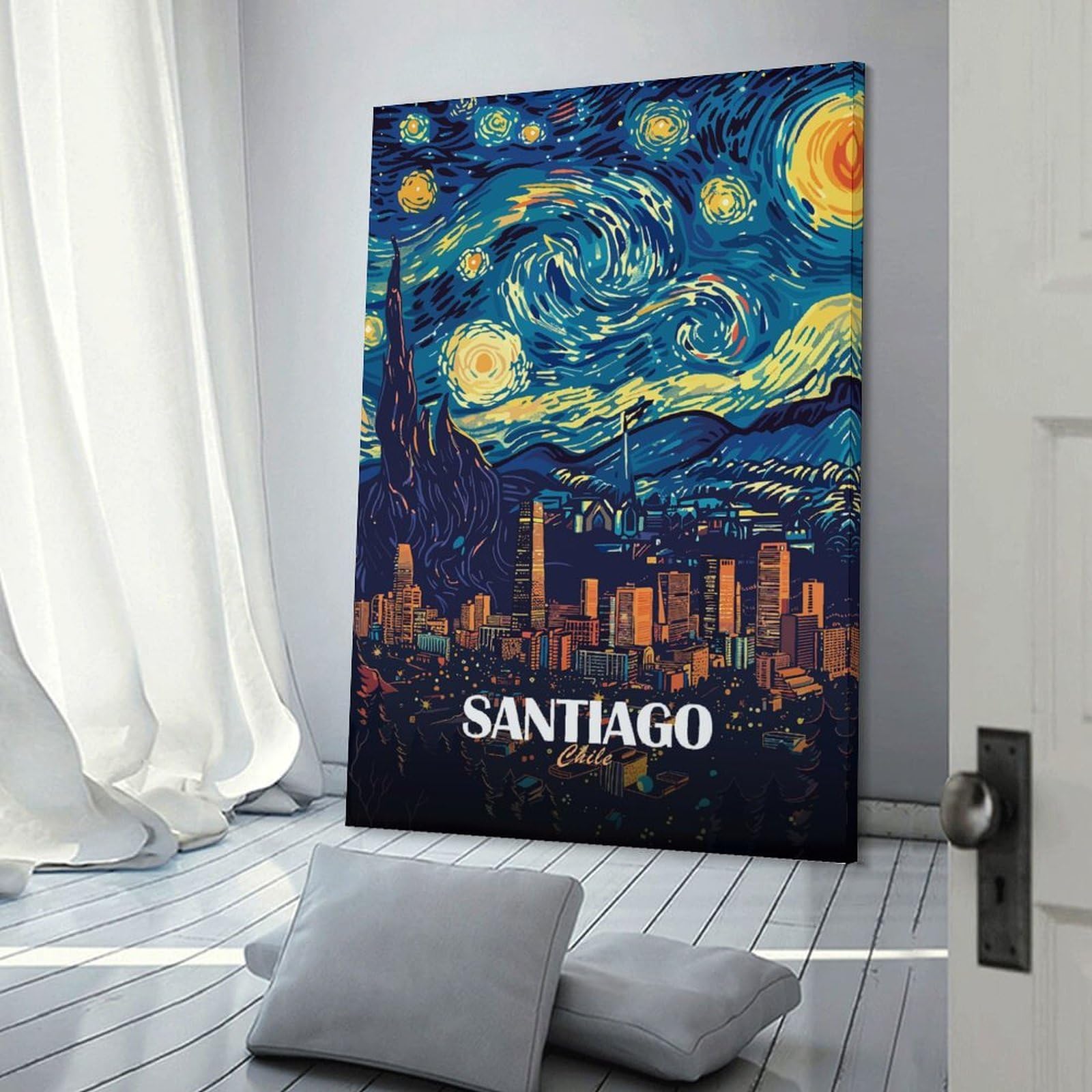 Junmoney Santiago Chile Starry Night Art Room Decor Wall Art 08x12inch(20x30cm), for Art Walls, Layered Displays Or Homes, Wall Decor Suited to Curated Displays