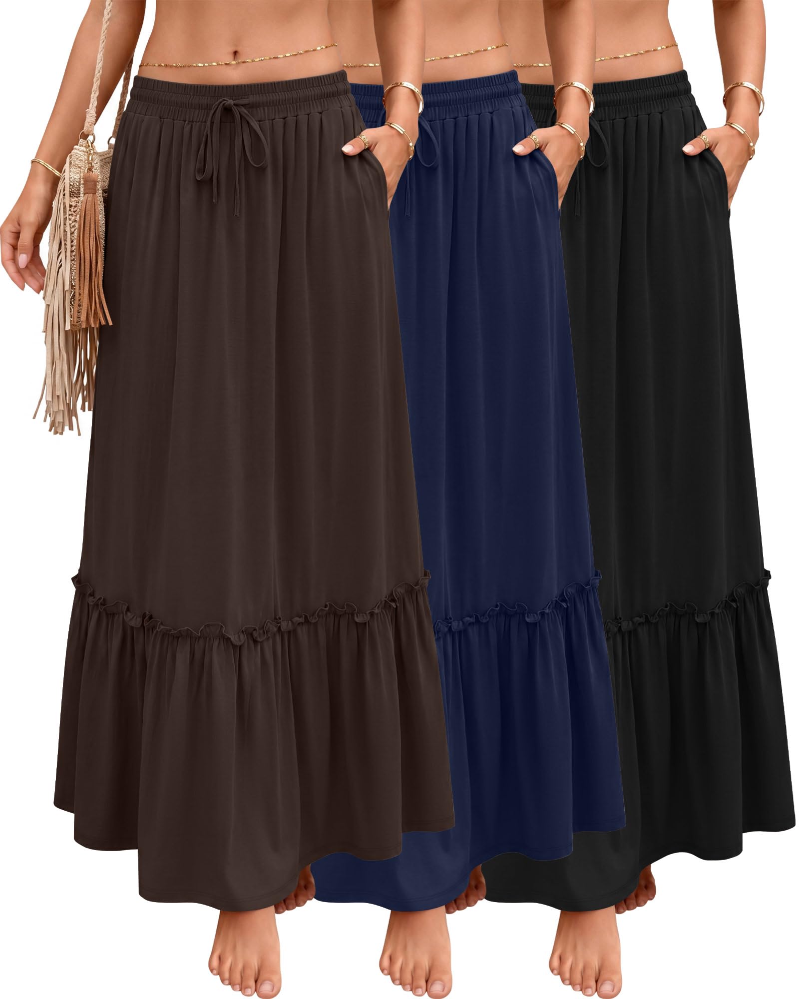 Ficerd 3er-Set Damen Boho Maxi-Röcke, Lange Stufenrock Rüschen, Hohe Taille mit Kordelzug, Lässiges Kleid mit Taschen