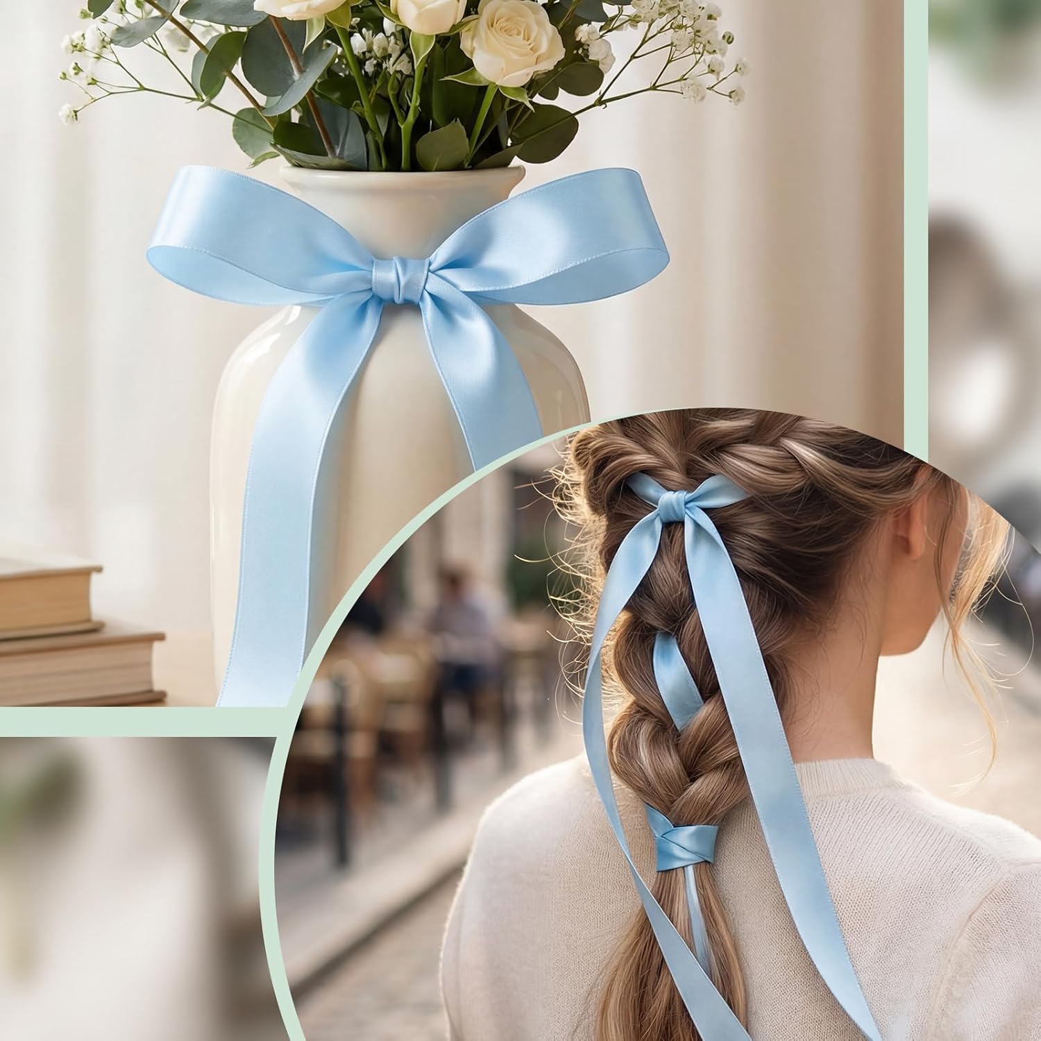woric Double Faced Light Blue Ribbon 5/8 Inch 60 Yards Sky Baby Blue Thin Satin Ribbon for Baby Shower Cake Hair Bows Crafts Gift Wrapping Wedding Graduation Decor