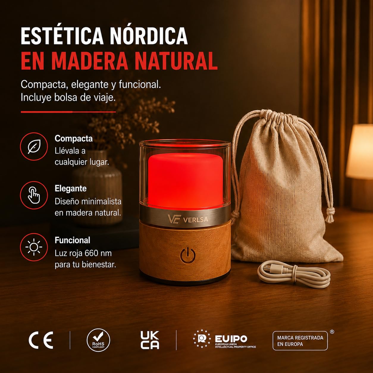 Lámpara Luz Roja Nocturna Melatonina, Terapia de Luz Roja 660nm - 0% Azul, Flicker-Free, Luz Nocturna Infantil/Adultos, Lamparas de Mesita de Noche- Recargable - Timer 30–60 min +Bolsa de Viaje