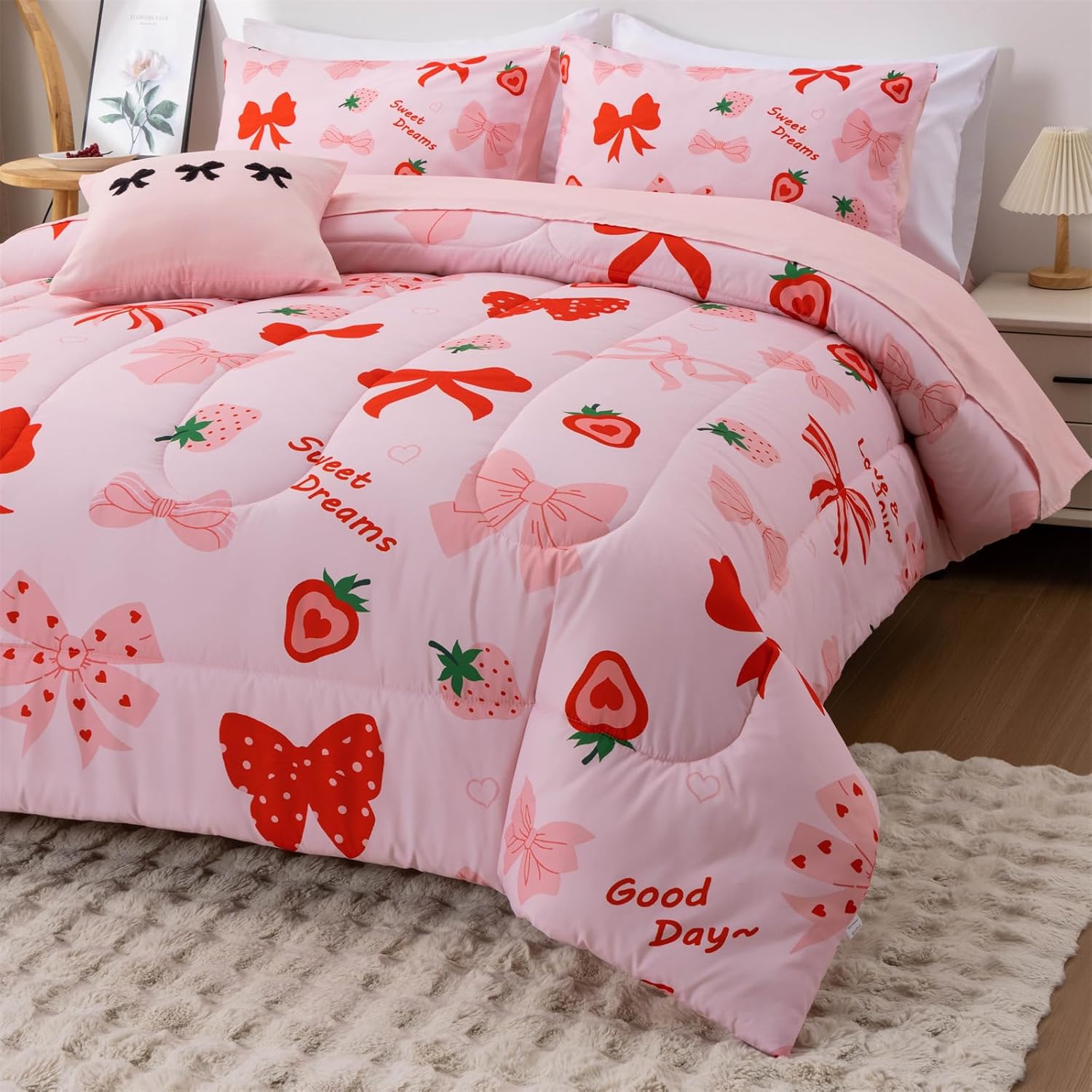 Aimuan Red Bow Comforter Set Blush Bowknot Bedding Set for Girls Kids Princess Style Strawberry Printed 6 Piece Bed in a Bag (Blush Red, Queen 6Pcs)