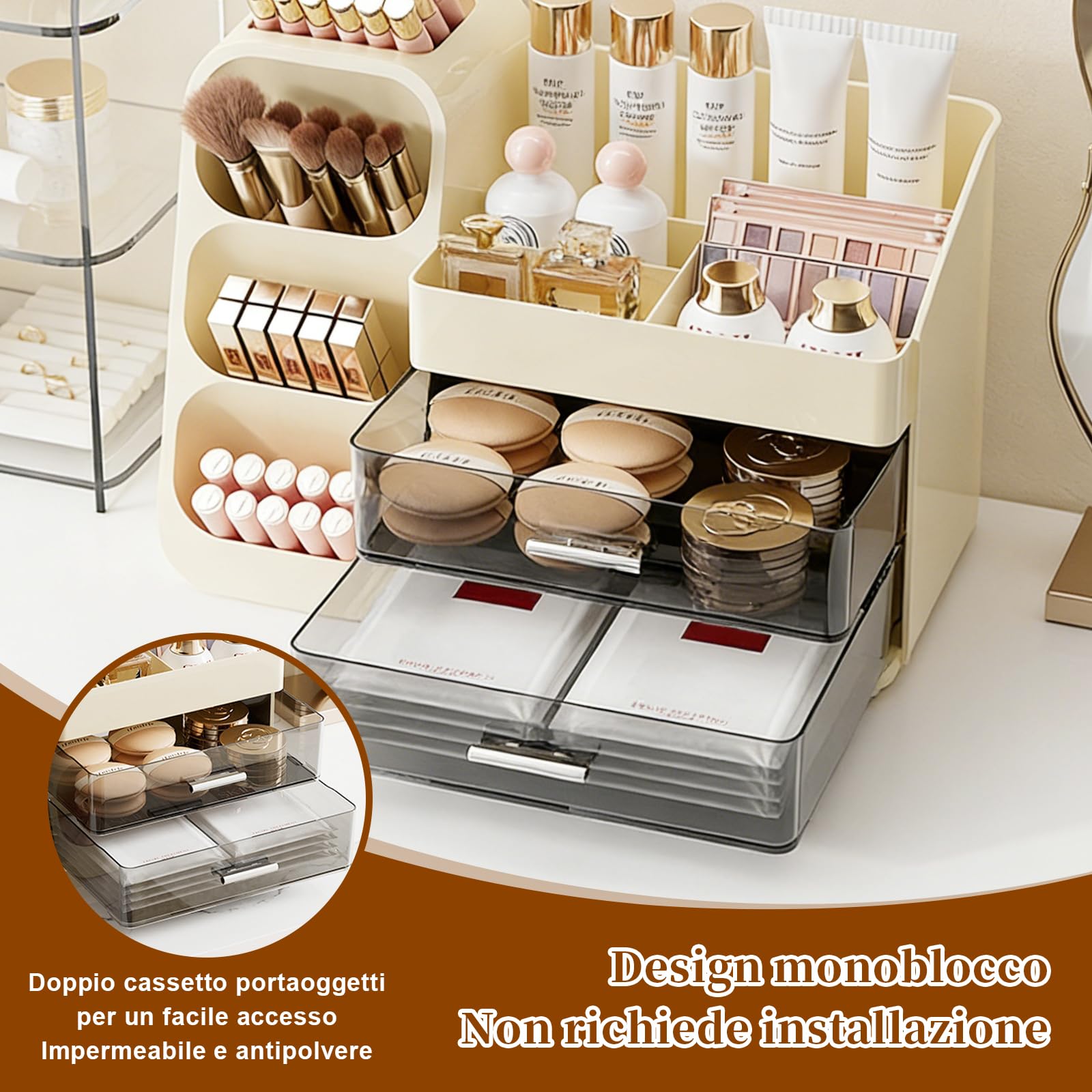 Organizzatore per Trucchi con 2 Cassetti, Organizzatore Multifunzione 3 in 1, Organizzatore per Toeletta, Bagno e Camera da Letto, Bianco Latteo