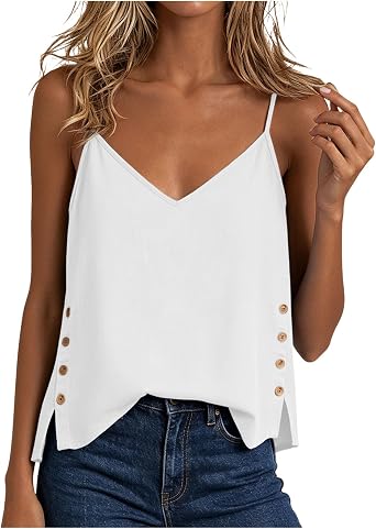 Women Cotton Linen Ruffle Tank Top Summer Cute U Neck Button Down Tee Tank Loose Fit Sleeveless Daily Wear Tops Sleeveless Blouses Women
