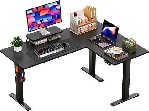 Furmax 63 x 47 Inch L Shaped Standing Desk with 2 Preset Heights, Electric Height Adjustable Computer Desk, Corner Sit Stand Desk for Home Office, 2 Hooks & Feet Balance Black, 63 x 47 Inch