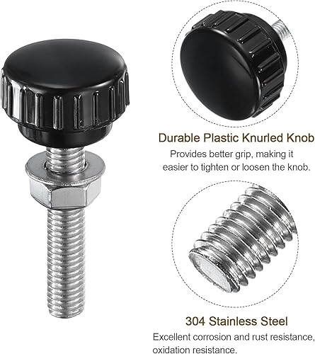 Miniatura 425 de uxcell Juego de 4 perillas moleteadas, tornillos de pulgar con tuercas y arandelas, rosca macho métrica M6 x 1.378 in, cabeza de plástico de 0.984