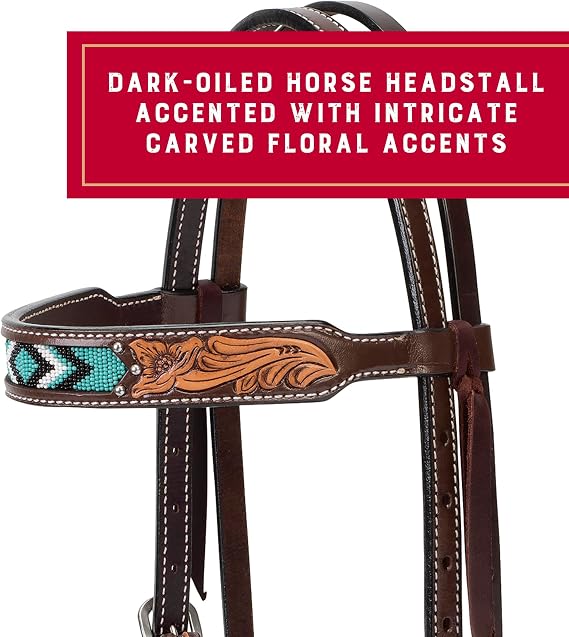 Weaver Equine Turquoise Diamond Beaded Horse Headstall, Leather Headstalls for Horses for Trail Riding, Durable Equine Supplies, Dark Oil