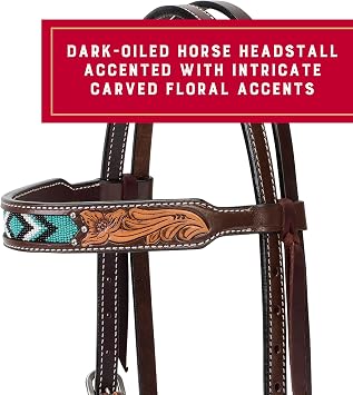 Weaver Equine Turquoise Diamond Beaded Horse Headstall, Leather Headstalls for Horses for Trail Riding, Durable Equine Supplies, Dark Oil