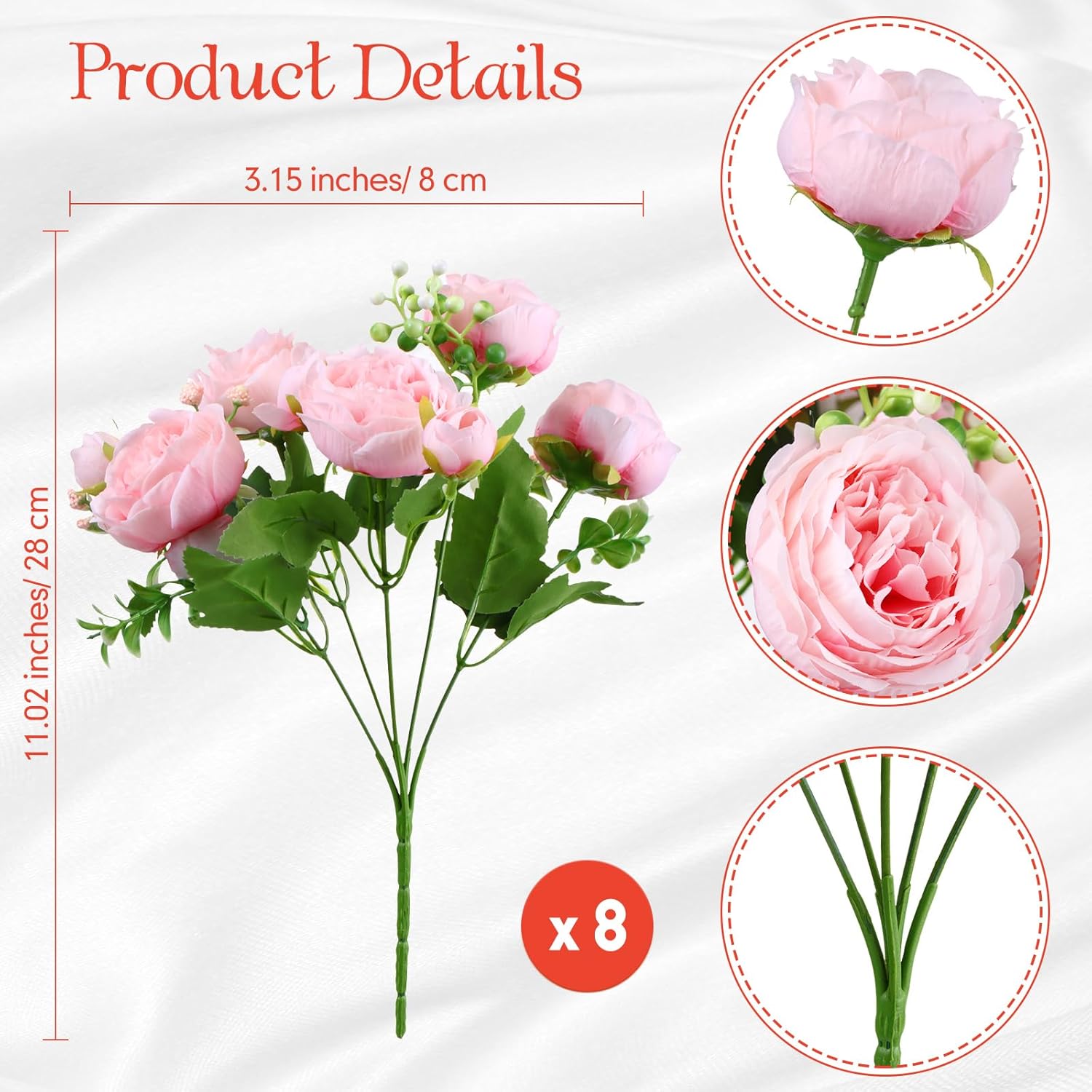 Geosar 8 Bundles Artificial Peonies Flowers Fake Silk Peony Bouquet Faux Peonies Flowers Bulk for Decoration Vase Floral Arrangements Wedding Party Table (Pink) - Image 2