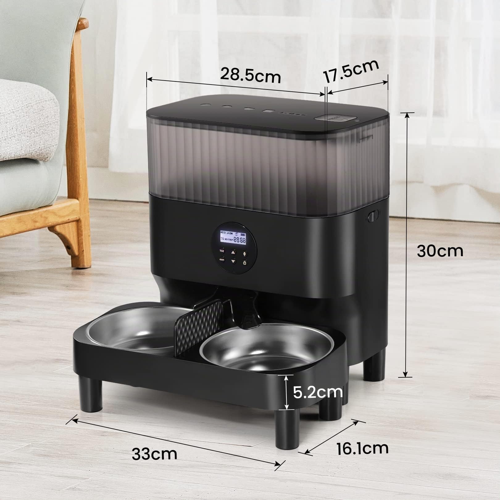 Sailnovo Futterautomat Katzen & Hunde, 5L Automatischer Futterspender für Hunde mit Zwei Stahlschalen, Portionskontrolle, Sprachaufzeichnung, bis zu 4 Mahlzeiten pro Tag, Schwarz