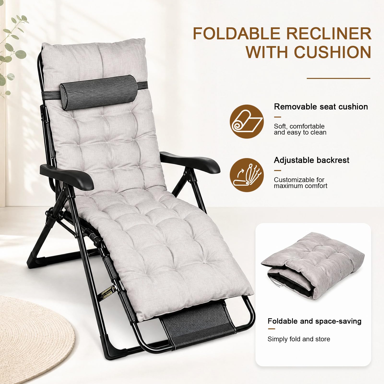 Tumbona plegable ligera, tumbona de jardín plegable con cojín reclinable de 7 posiciones, respaldo ajustable, tumbona de relax exterior con reposabrazos para patio, jardín, playa