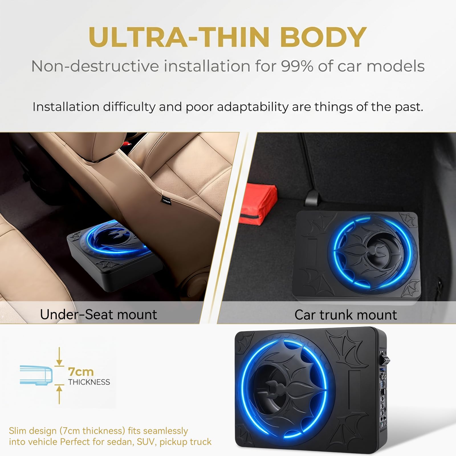 SIXWIN Subwoofer 1200W, 10 Pollici Subwoofer Sottosedile Piatto per Auto con Amplificatore Integrato, Sistema Audio per Auto, Controllo Personalizzato dell’Enfasi dei Bassi, Bassi Profondi