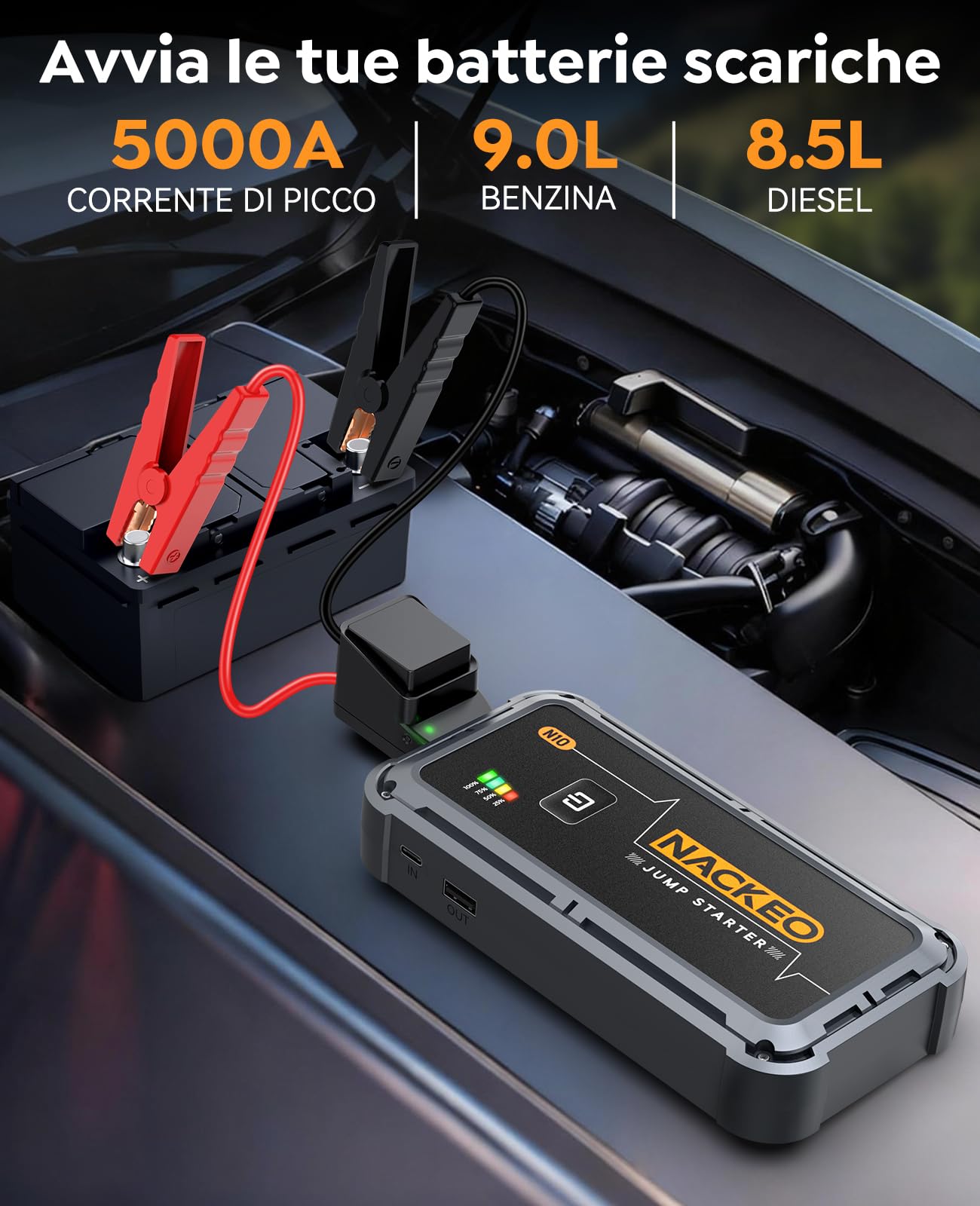 Avviatore Batteria Auto 5000A, Avviatore di Emergenza per Auto/Moto (Fino a 9.0L Gas/8.5L Diesel) 12V Booster Avviamento con Torcia a LED, Ricarica Rapida, Cavi Avviamento, Compatto (5000A)