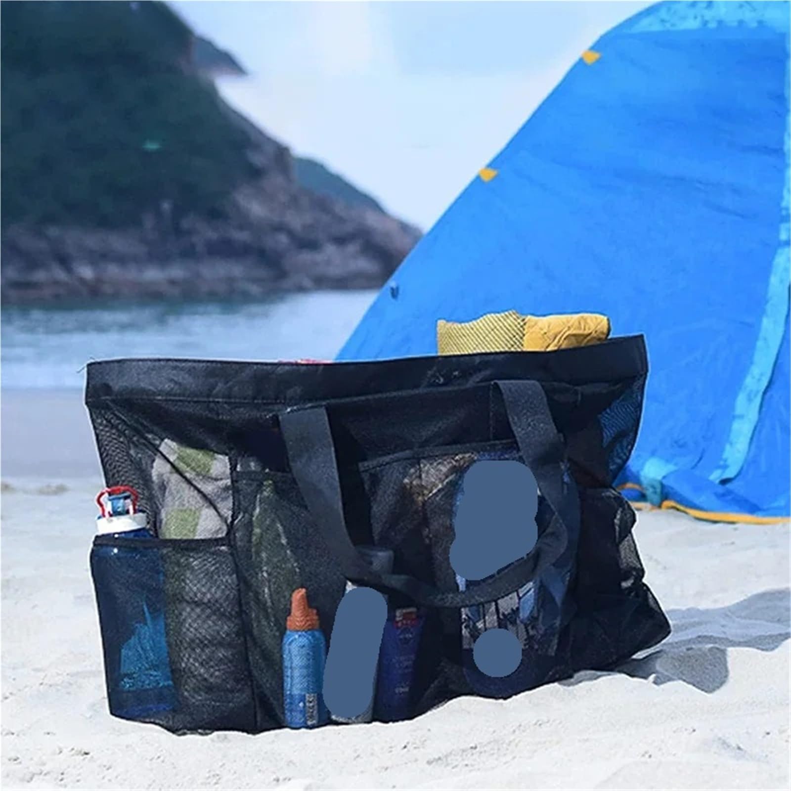 Bolsa De Playa Bolsa de Playa Grande de Malla con múltiples Bolsillos, Ideal for Gimnasio, natación, Viajes y Picnic. para La Playa(Black)