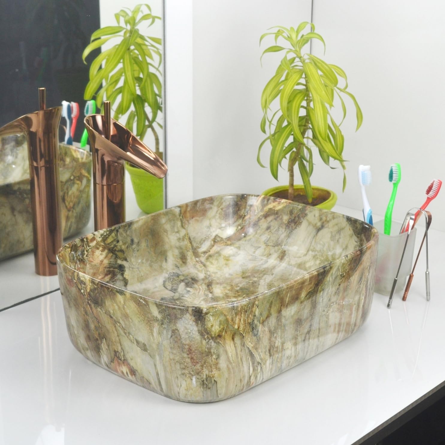 Reyal Marble Wash Basin - Ivory Gold Vessel Sink -7