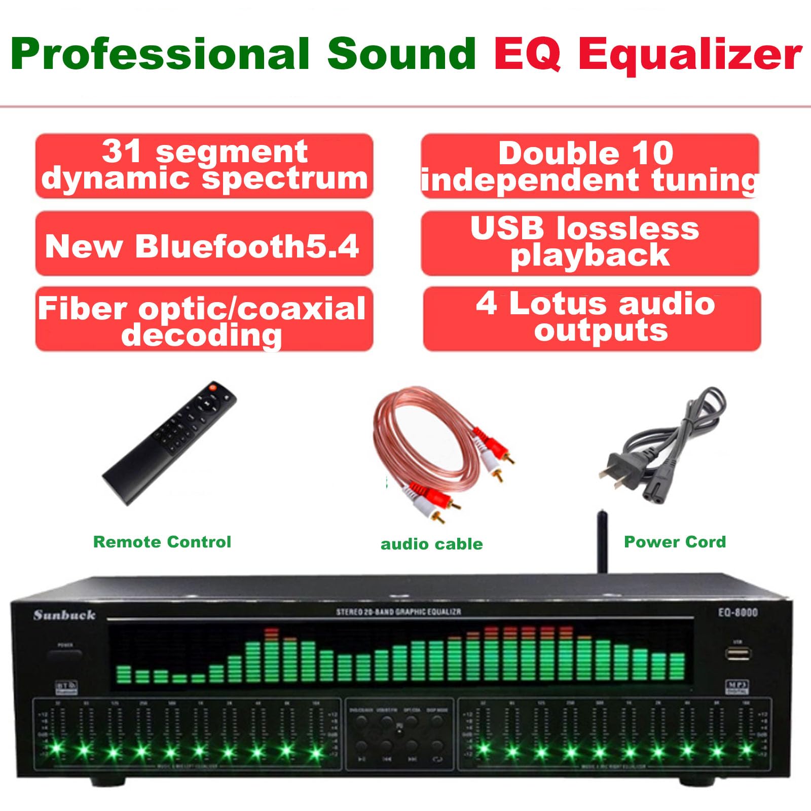 31-pasmowy korektor audio z Bluetooth 5.4, redukcją szumów i 12 wzorami rytmicznymi do profesjonalnego użytku na scenie, koncercie i studiu nagraniowym