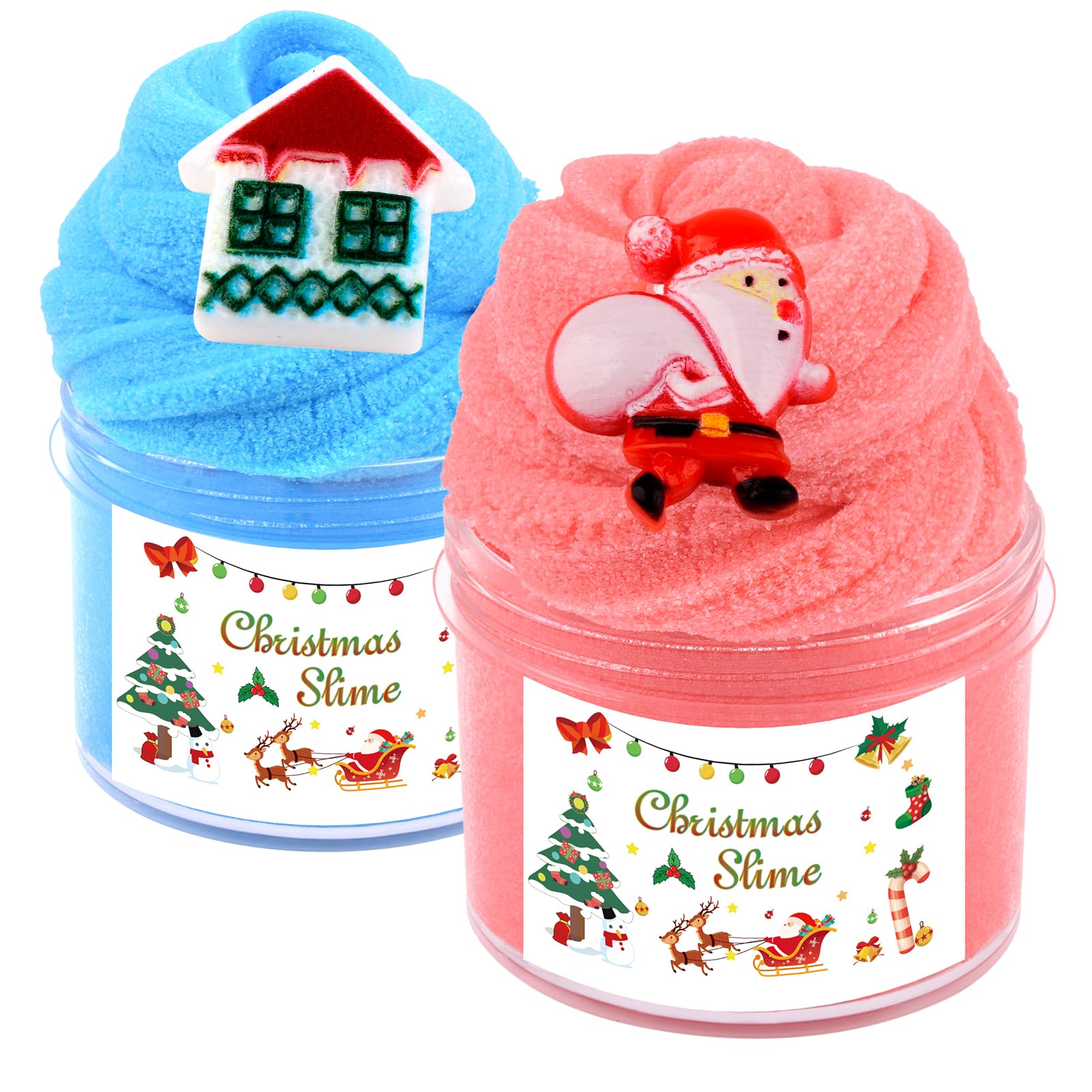 Christmas Slime Toy - 2PCS Cloud Slime Pack, Stretchy and Scented Non-Sticky Cake Slime Pack for Boys Girls, Kids Party Favors, Stress Relief Toy and Classroom Gift Rewards, Blue/Red