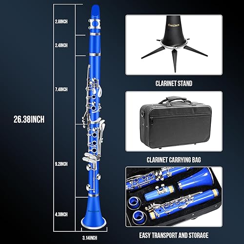 Miniatura 5 de Soulmate Bb Flat - Clarinete para estudiantes principiantes con 17 teclas de níquel con 2 barriles y kit de limpieza para clarinete, color azul