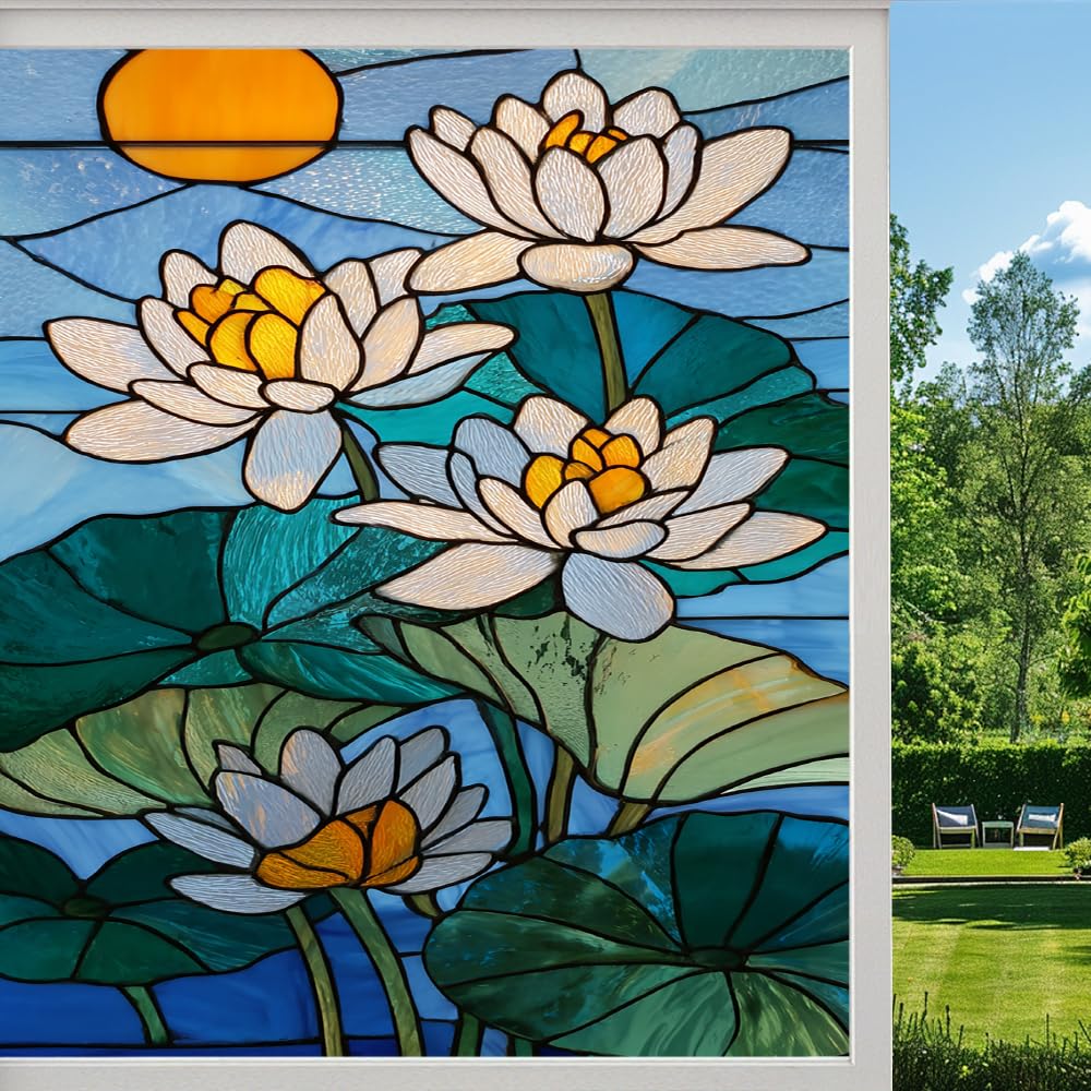 Pmlbaous Nature Lotus Flowers Frosted Window Film, Rural Water Lily Plant Stained Glass Privacy Film, Heat Insulation Self-Adhesive Vinyl For Bathroom Office, （45X100cm）