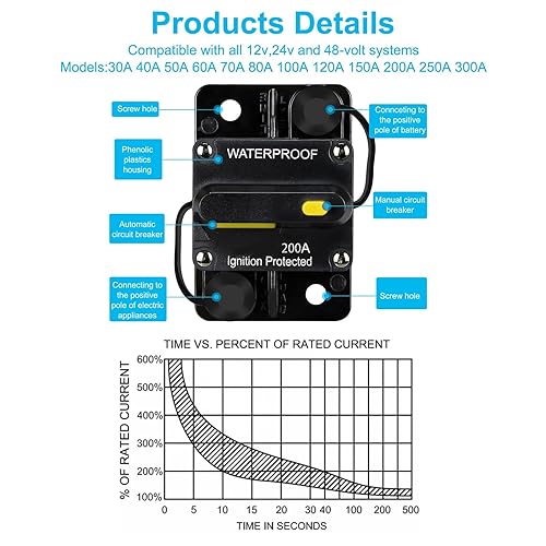 Miniatura 4 de Disyuntor impermeable de 200 amperios, con reinicio manual, 12 V-48 V CC, 30A-300 A, para motores de arrastre marinos, barco, ATV, protección manual
