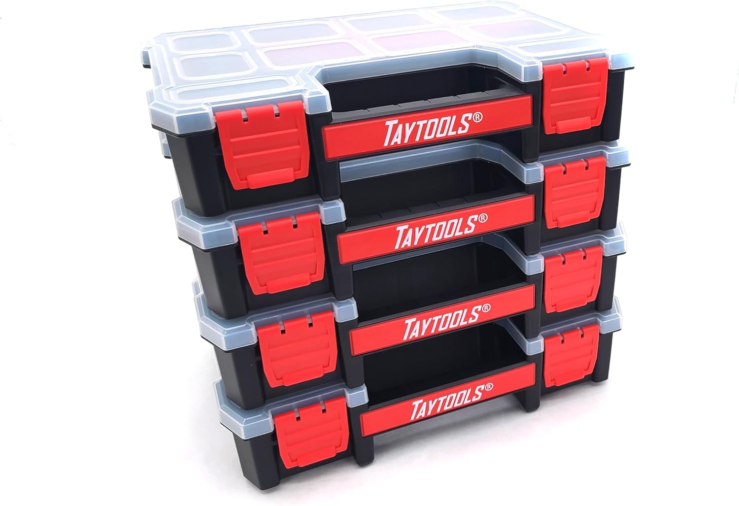Taytools 10 Compartment Small Parts Organizer Box - Dual Latch Portable Tool Box with Removeable Dividers for Storing Hardware, Screws, Bolts, Nails, Beads or Jewely (Pack of 4)
