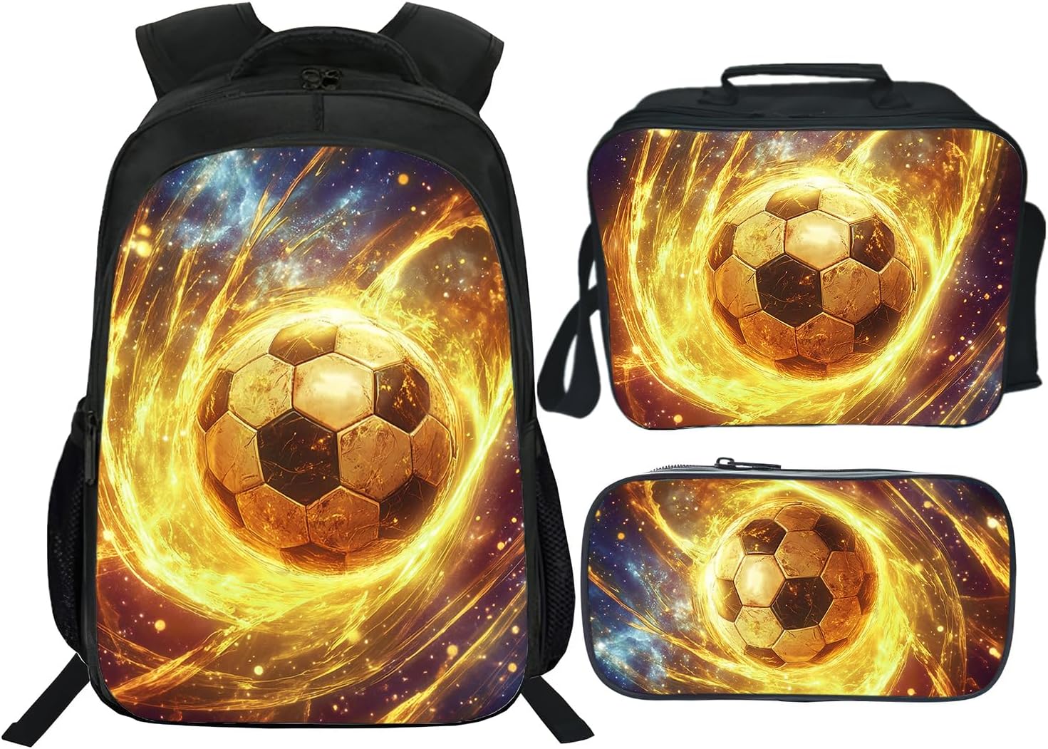 Klymax Football Backpack Soccer Sports Kids Schoolbag with Lunch Box Bag Pencil Bag 3pcs Bookbag Sets for Boys Girls