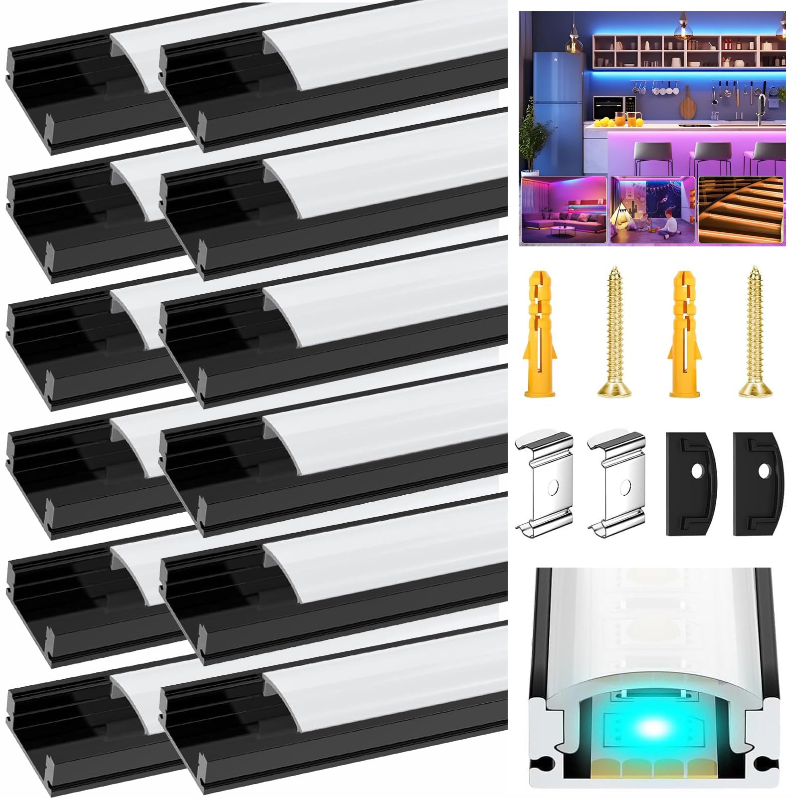 Profilo per strisce LED nere, confezione da 12 pezzi, 1 m/3,3 m, in alluminio, colore nero, con copertura bianca lattea, tappi terminali, clip di montaggio per strisce LED diffusore (non strisce a LED