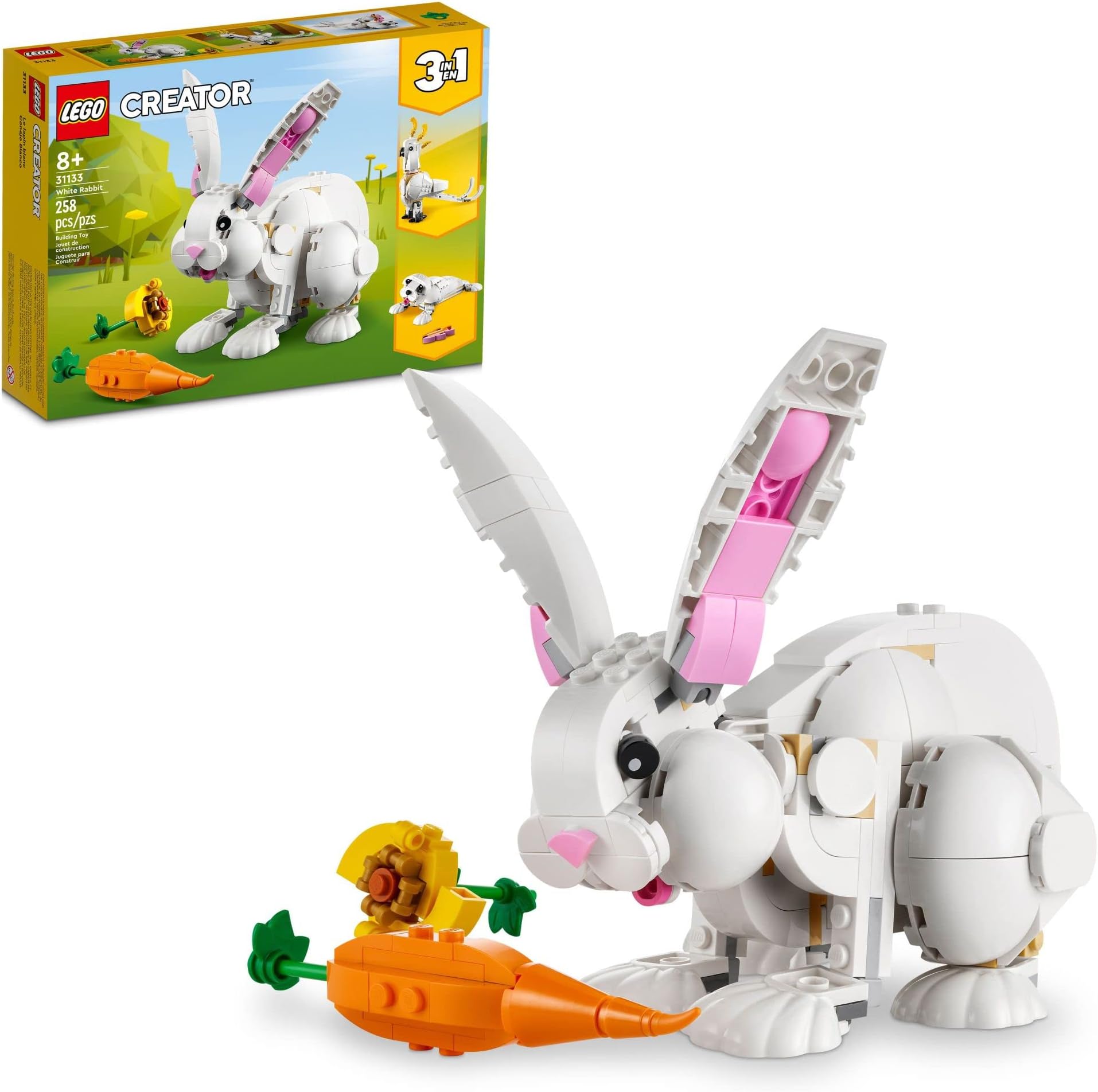 Creator 3 in 1 White Rabbit Animal Toy Building Set, STEM Toy for Kids 8+, Transforms from Bunny to Seal to Parrot Figures, Creative Play Building Toy for Boys and Girls, 31133