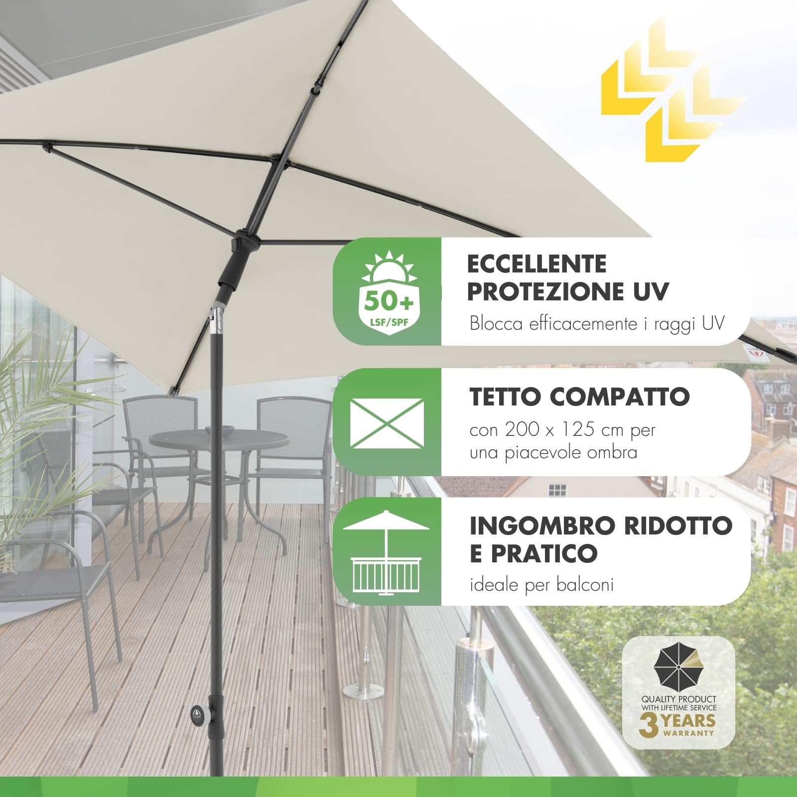 Doppler City ombrellone da balcone 200x125cm I Parasole rettangolare con protezione UV I