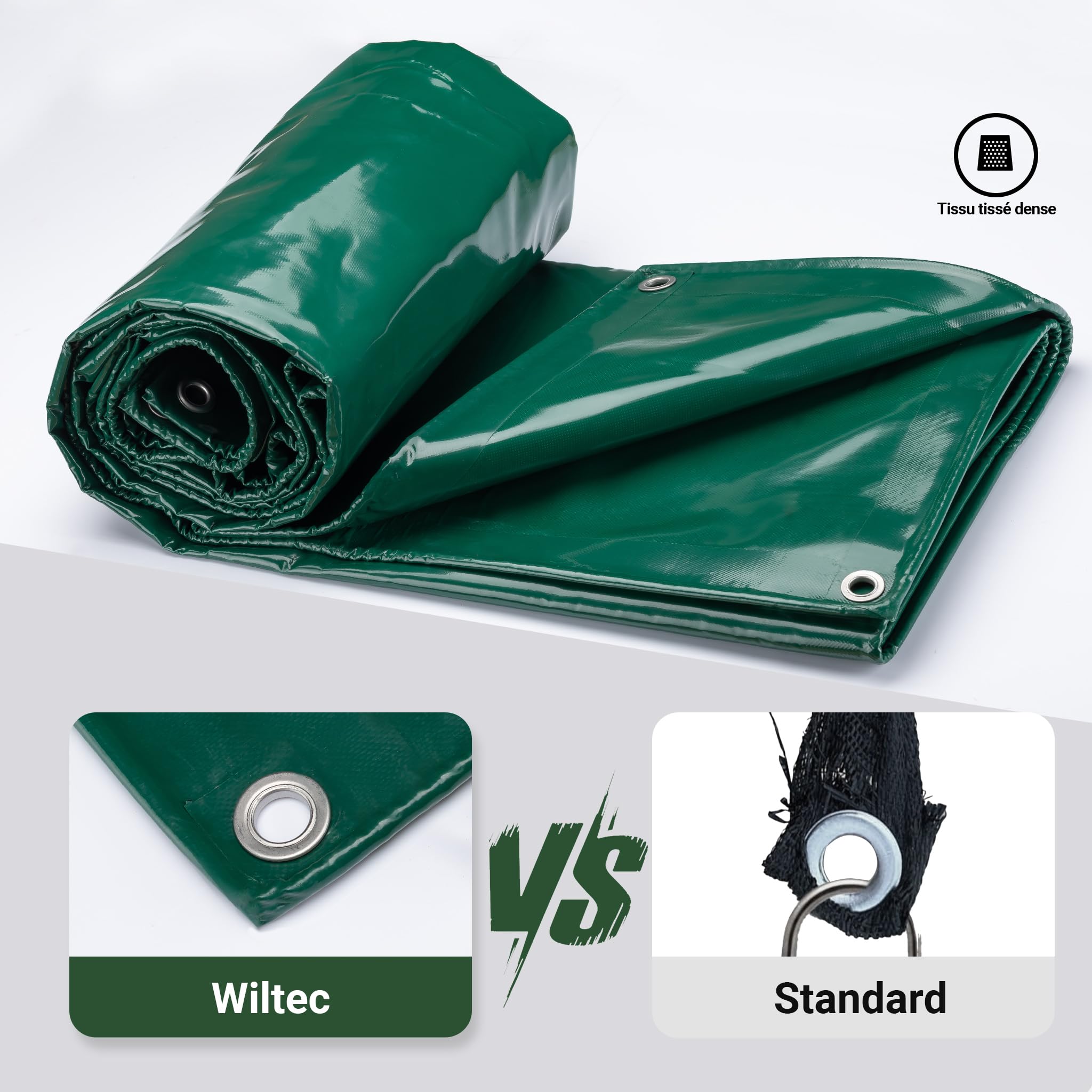 Wiltec Bâche de Camion 2 x 3m Vert foncé 650 g/m² Polyester Revêtement PVC Œillets INOX 100cm Haute Protection Vol UV Intempéries Moisi Étanche Solide Haute Résistante Couverture Sécurité routière