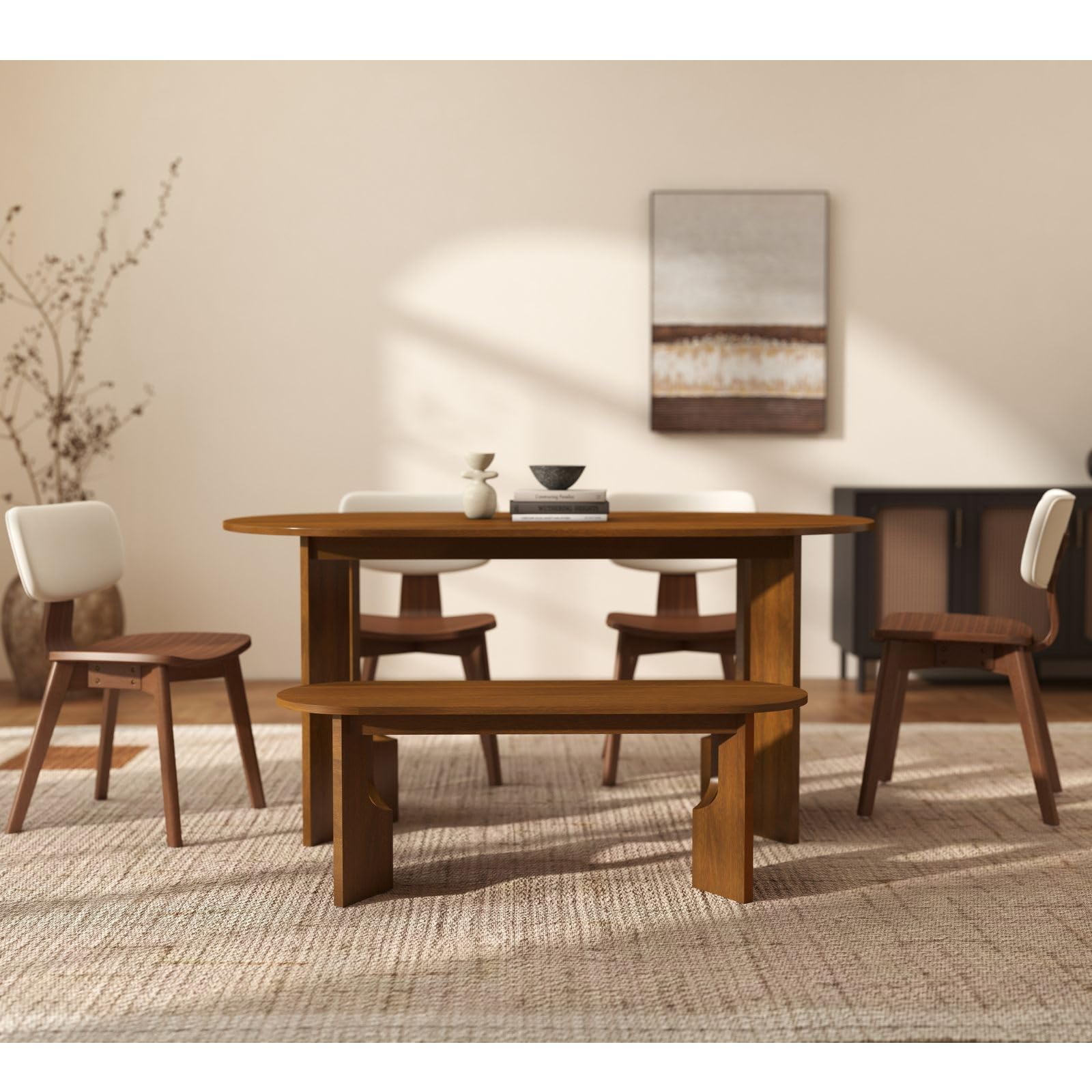 47.25" L Walnut Wood Oval Bench, Solid Wood Dining Bench with Wooden Legs for Dining Room, Restaurant, 1 Piece