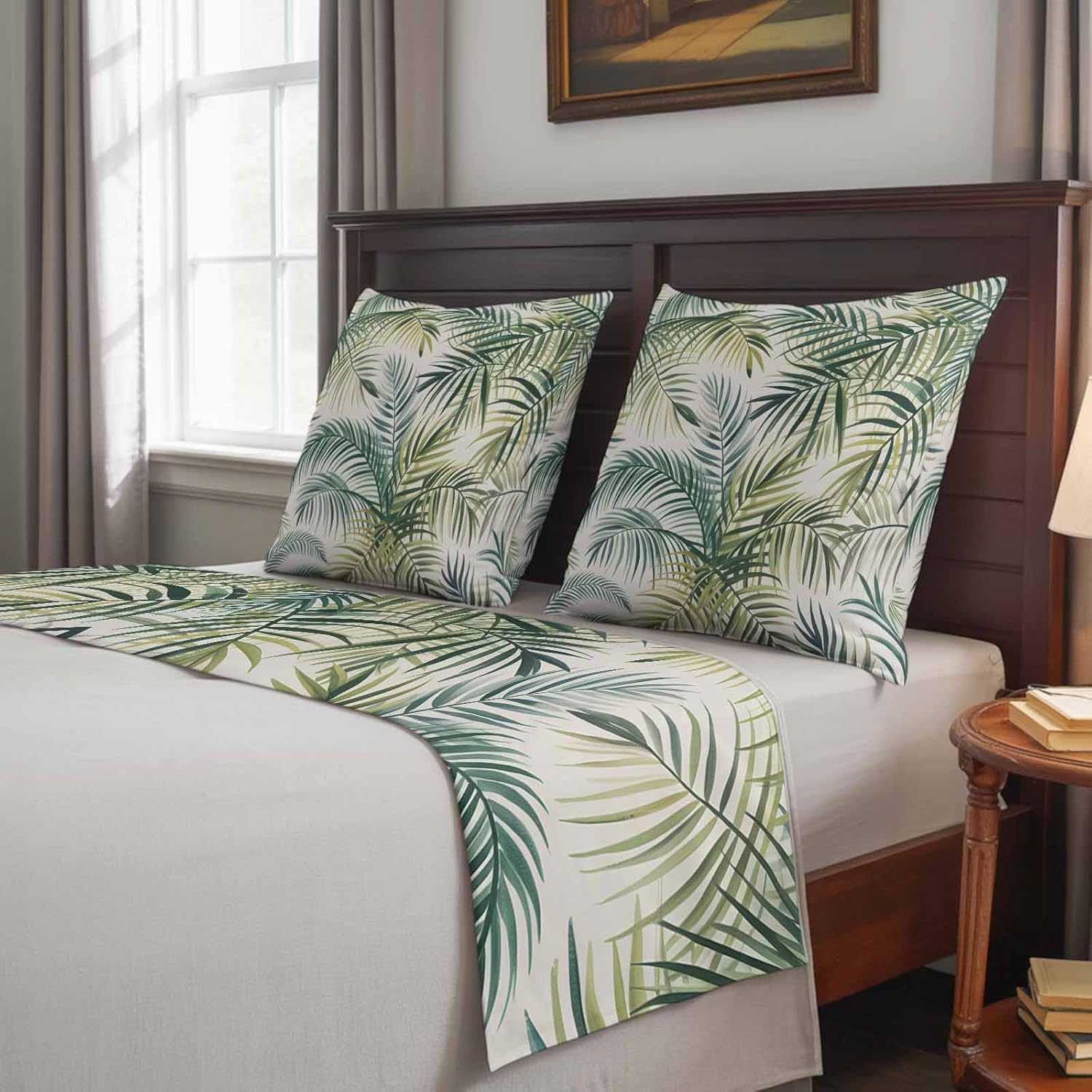 Queen Size Bed Runner Set 83 x 20 inch Tropical Plant Bed Runners with 2 Matching Pillow Covers, Green Leaf Palm Leaf Nature Decorative Throw Pillowcases Bedding Scarf for Bedroom Hotel