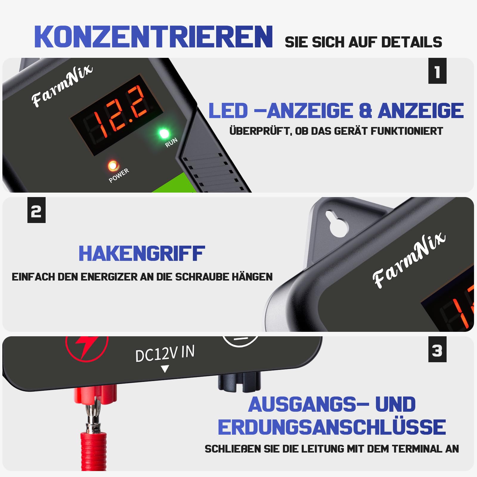 12V Weidezaungerät mit LED Anzeige, 2J Wasserdicht Elektrischer Weidezaun 230V für 15 KM Reichweite, LED Display Eelektrozaun für Schutz von Nutztieren,Haustieren,Geflügel, Hausweide,Gärten (Schwarz)