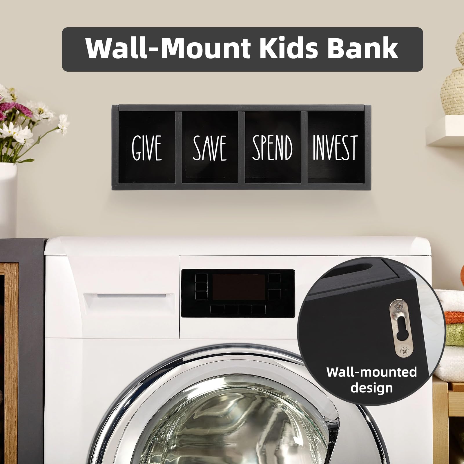 Tirelire en bois pour enfants, dépenses, économiser, donner et investir de l'argent visualisée pour pièces de monnaie et argent liquide pour enfants, garçons, filles, adultes (comptoir et