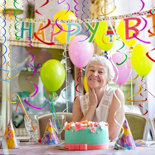 Miniatura 3 de Bememo 84 remolinos colgantes decorativos coloridos para techo, serpentinas de papel de aluminio para bodas, cumpleaños, graduación, celebración,