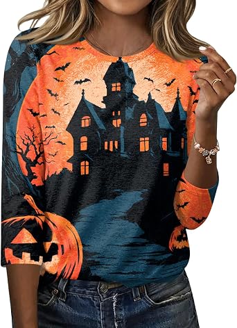Halloween Shirts for Women 3/4 Sleeve Blouses Trendy Women Fashion Watercolor Witch Castle Fall Spooky Season Top
