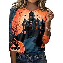 Halloween Shirts for Women 3/4 Sleeve Blouses Trendy Women Fashion Watercolor Witch Castle Fall Spooky Season Top