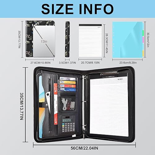 Vista 74 de Eshow Organizador de cartera, carpeta de 3 anillos con cremallera, carpeta de cuero vegano con bloc de notas, incluye 10 protectores de hojas Negro