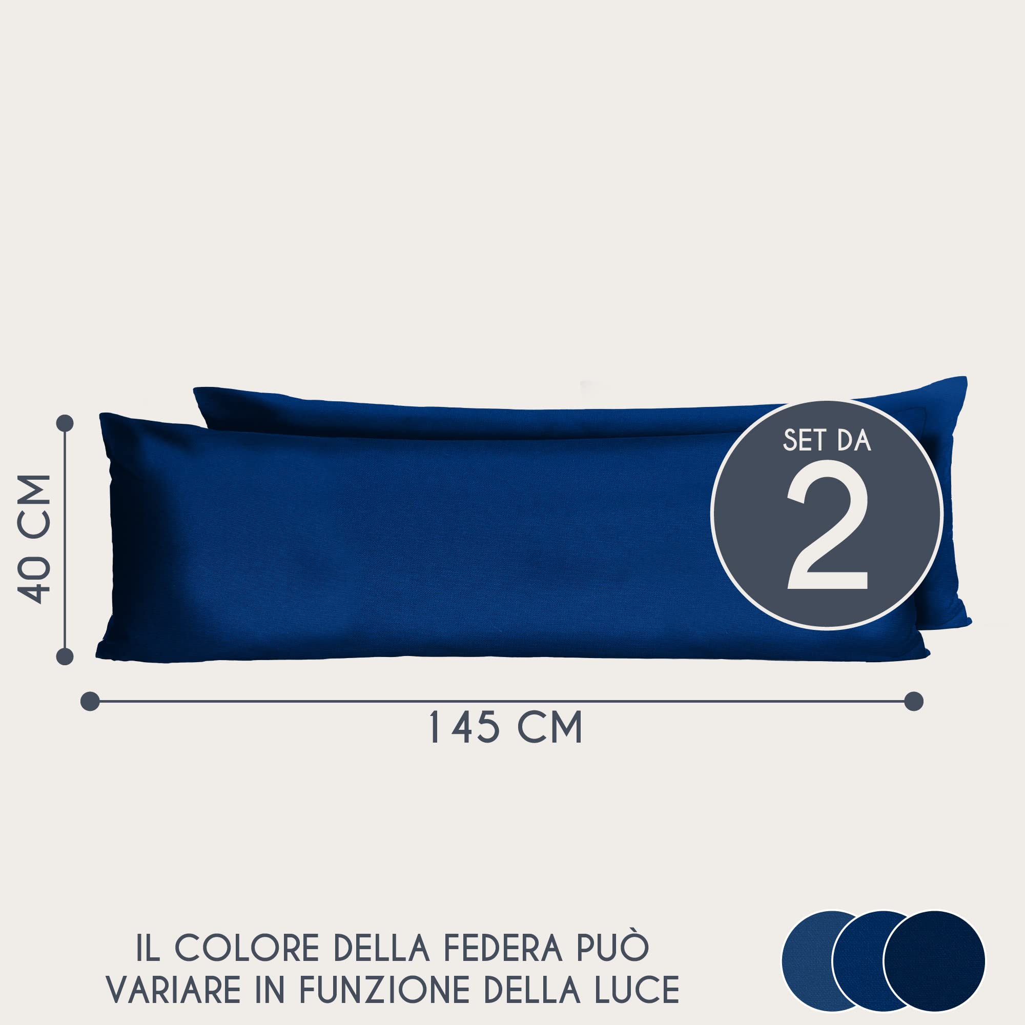 Dreamzie Federe 40x145 Cotone Rinforzato (Set da 2) - Blu Scuro - Trama Fitta a 57 Fili/cm² - Federe Cuscini 40x145 cm - Federe Cuscino 40x145 Certificate Oeko Tex
