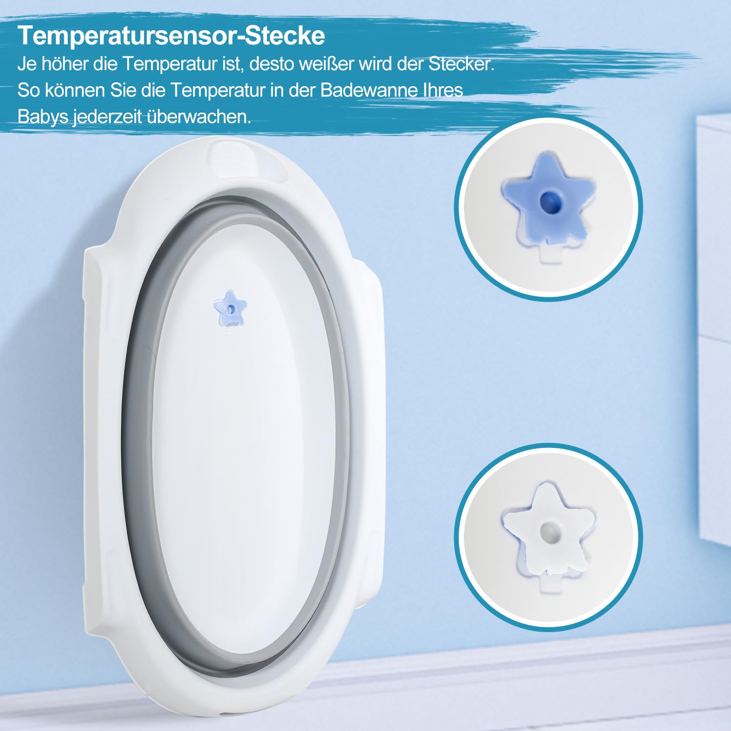 Bañera plegable para bebés con soporte, cojín de baño, manguera de drenaje e indicador de temperatura, ahorra espacio, estable para recién nacidos de 0 a 3 meses