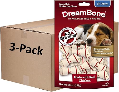 Dreambone Mini masticables con pollo real, 16 unidades, masticables sin piel cruda para perros, 9 onzas, el paquete puede variar (paquete de 3)