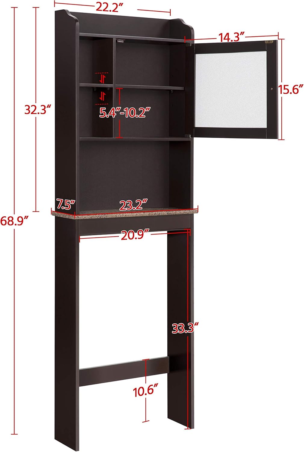 Diagram showing the dimensions of the Yaheetech Over-the-Toilet Storage Cabinet: 7.5 inches deep, 23.2 inches wide, 68.9 inches high, with specific measurements for shelves and toilet clearance.