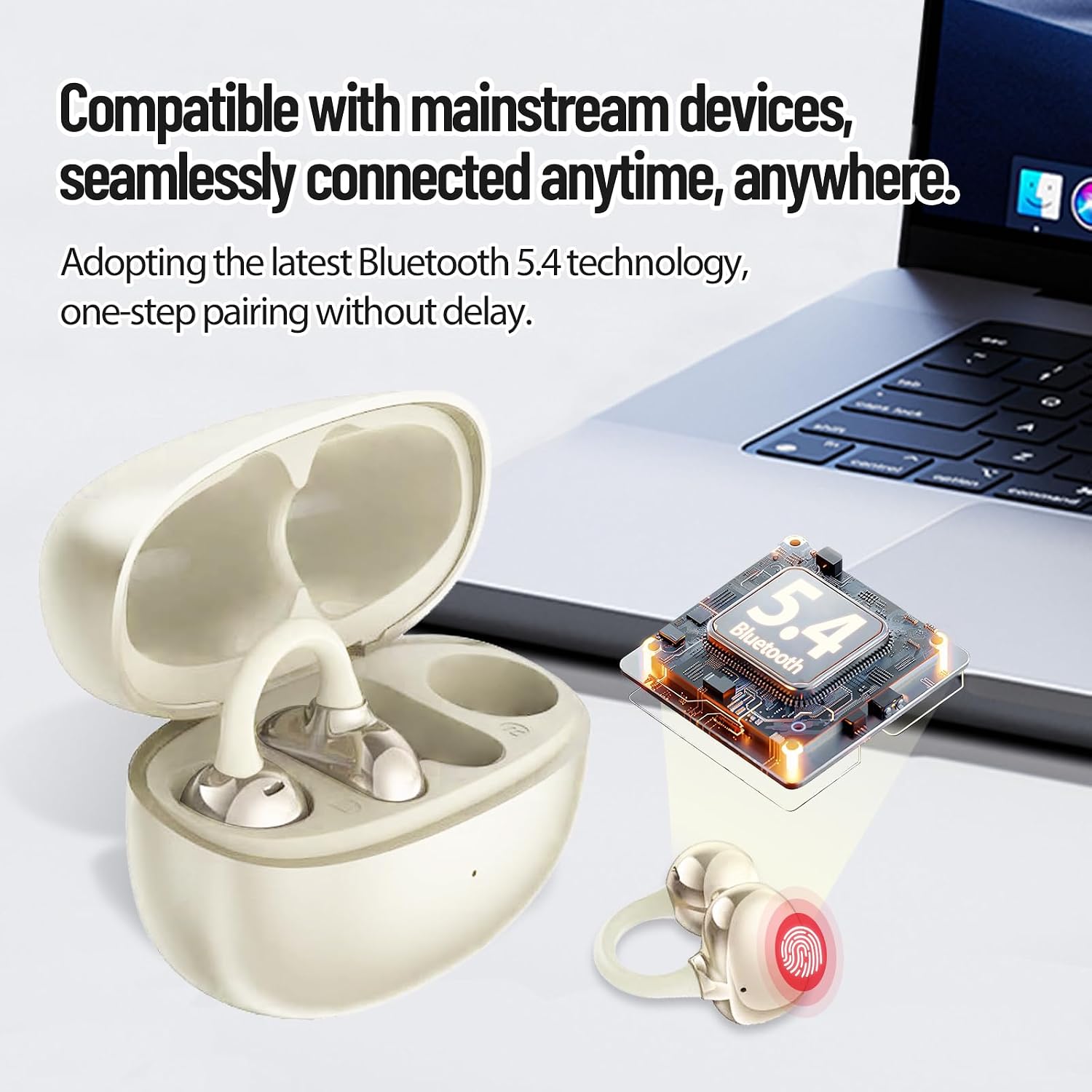 Headphones connecting to a laptop and phone via Bluetooth 5.4