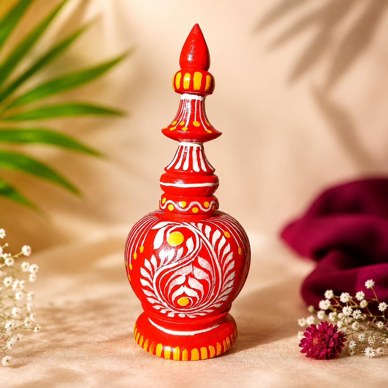 Gach Kouto Handcrafted Wooden Sindur Jar, Red, White and Yellow Floral Design, Decorative Multi-Tiered Style-image-13