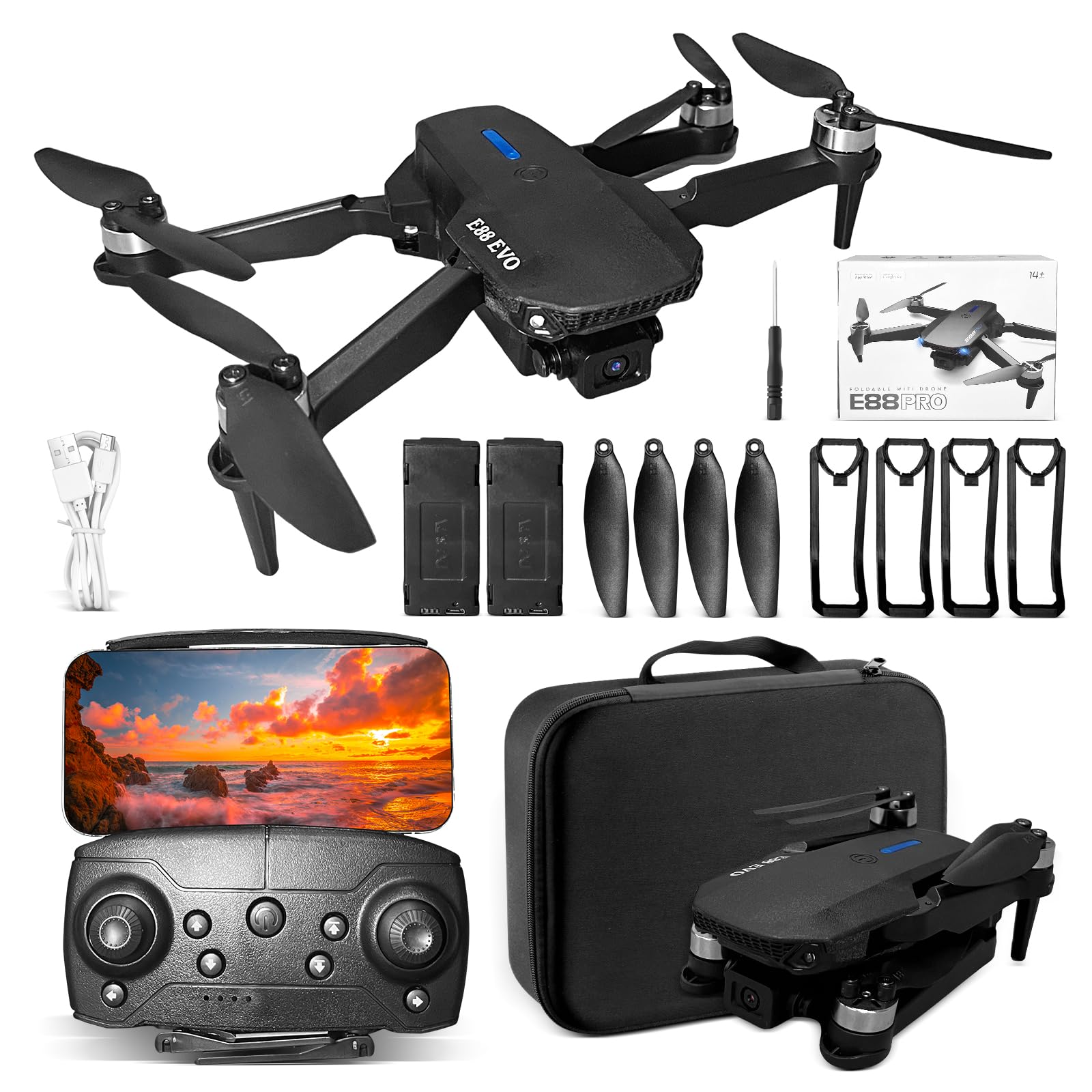 Drone Com Camera 4K E88 Plus Drone Profissional com 2 Baterias, Dobrável, com Fluxo