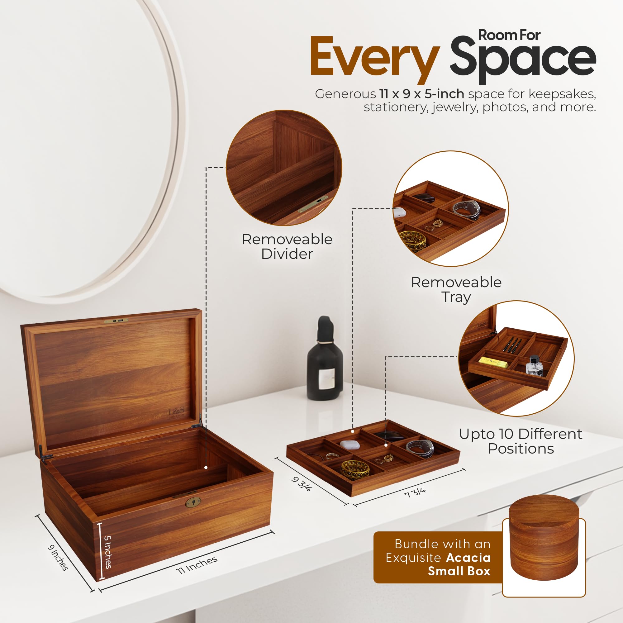 Amazon.com: LUSH & STYLE Acacia Wooden Box, Keepsake With Hinged
