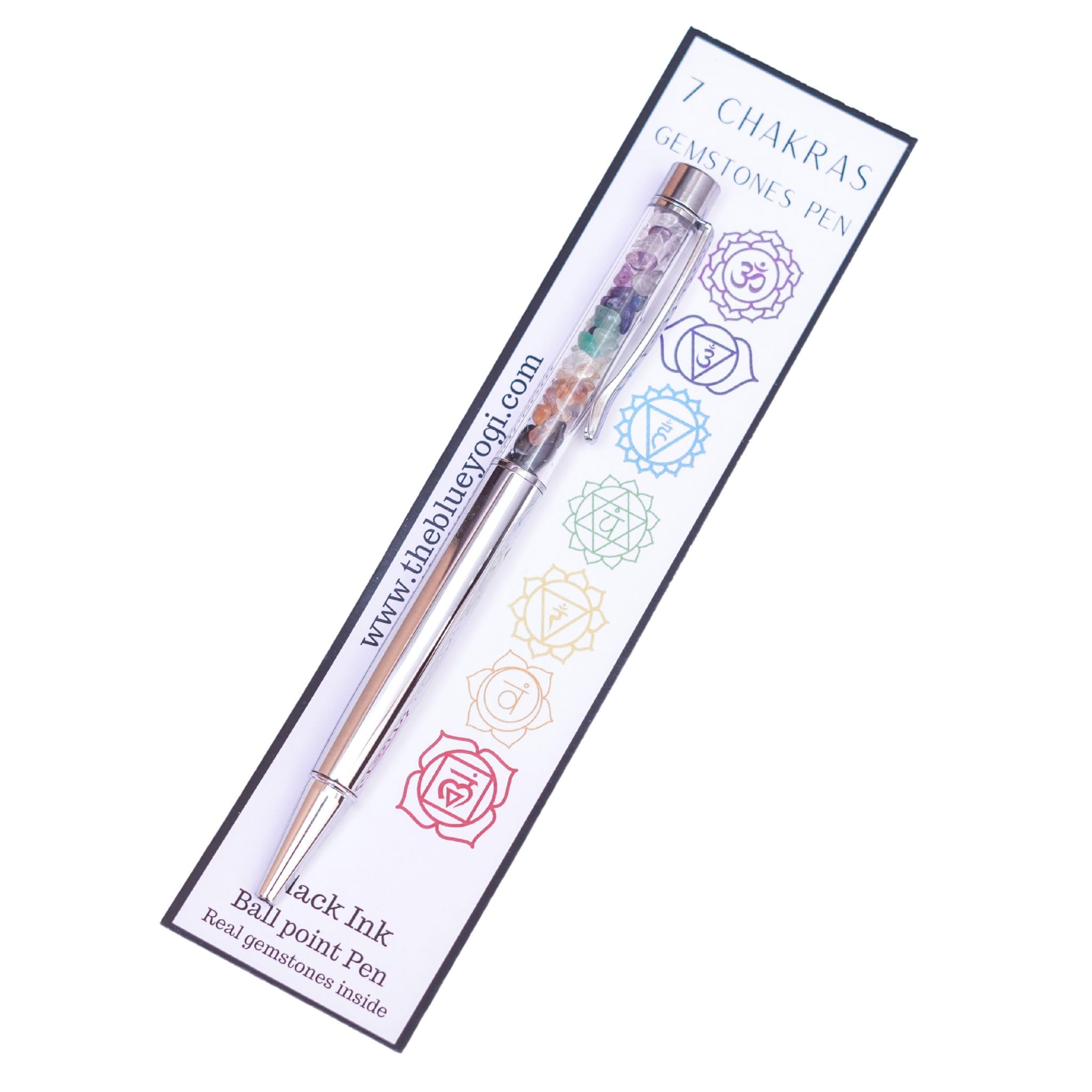 The Blue Yogi 7 Chakras Gemstones Ball point pen - Black Ink -Crystal Pen - Cute Pen - Unique Pens - Decorative Pens (Silver Style)