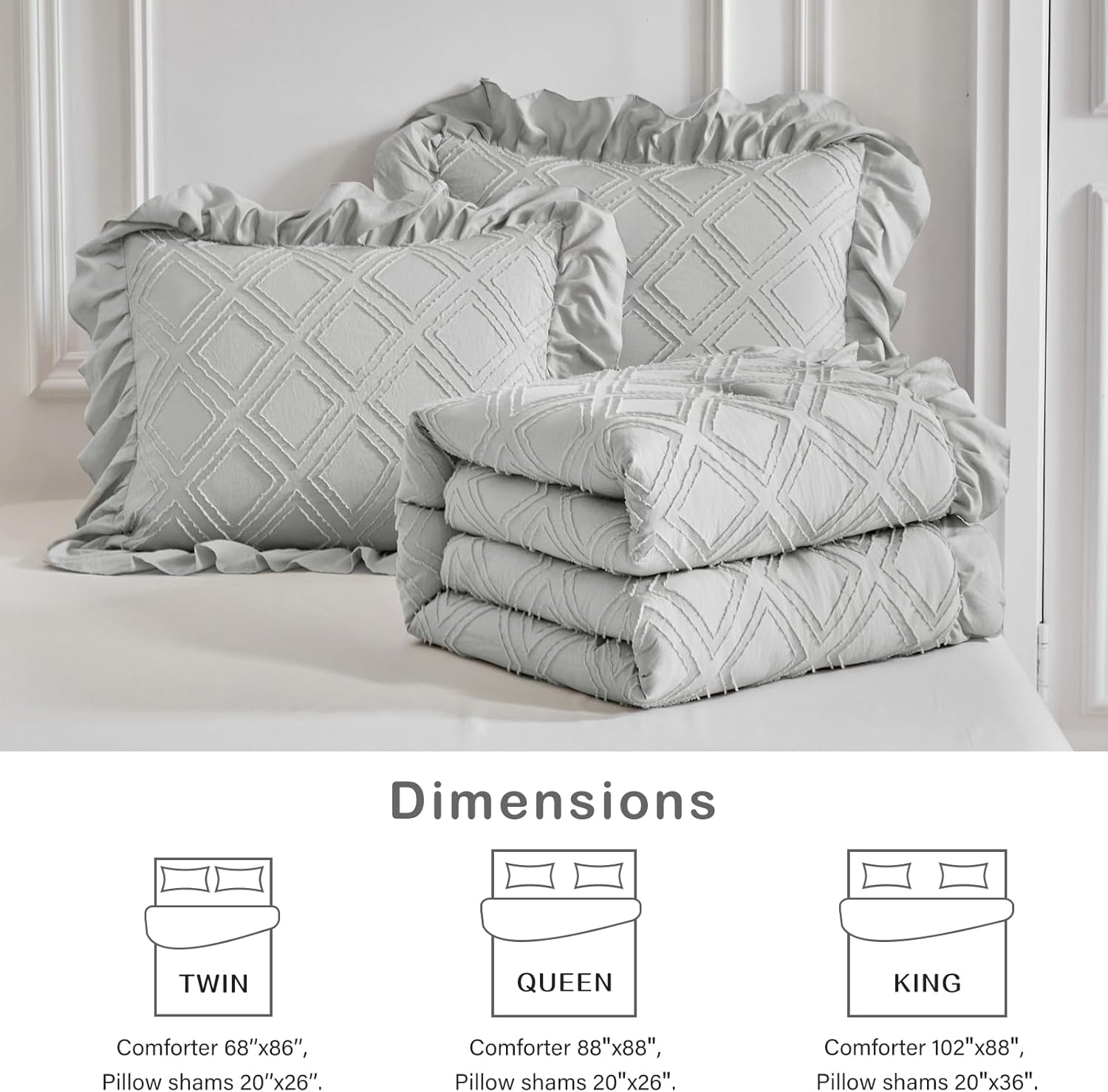 Tufted Ruffle Comforter Set Full/Queen Size, 3 Piece Light Grey Ruffled Farmhouse Comforters, Luxury Solid Color Soft and Embroidery Shabby Chic Boho Bohemian Bedding Set (1 Comforter + 2 Pillowcases)